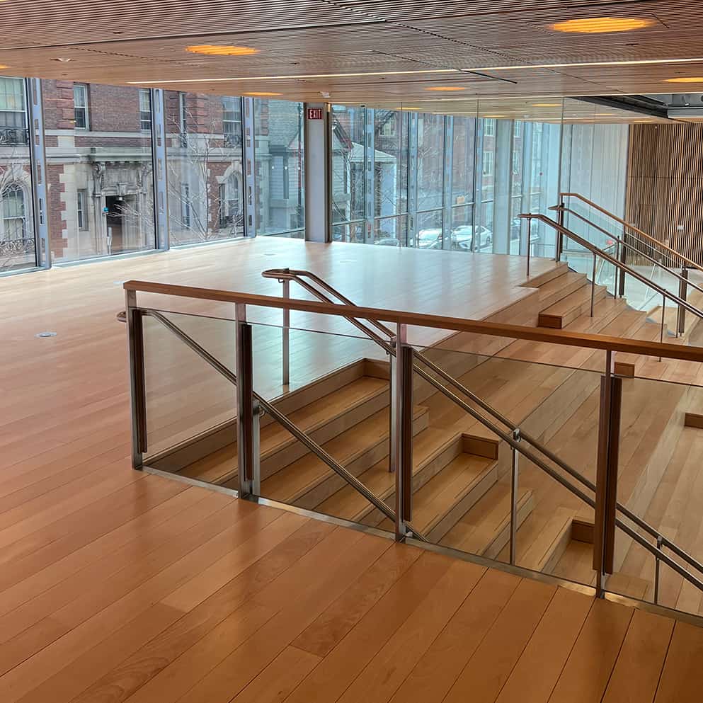 Modern commercial floor and stairs refinished at Smith Center, Harvard University in Cambridge, MA.